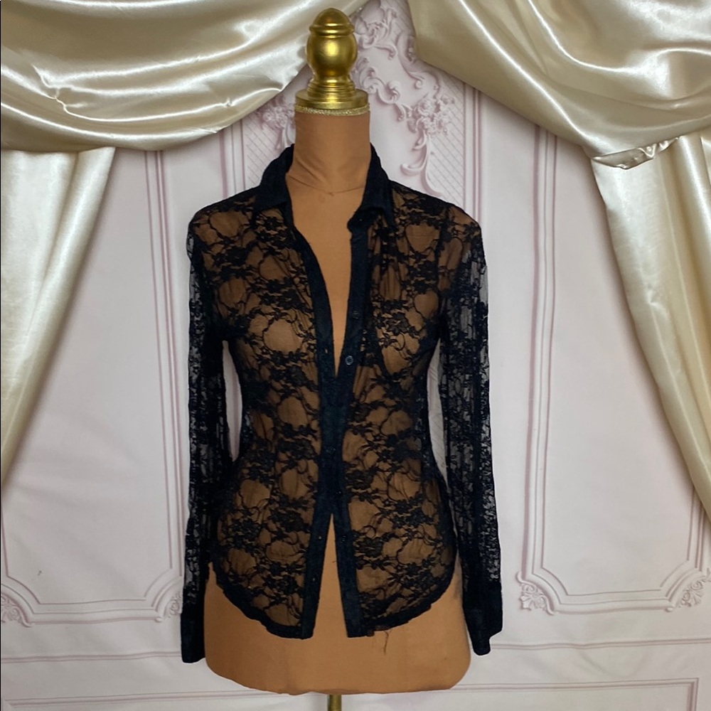 Black Lace Sheer Button-Up Blouse